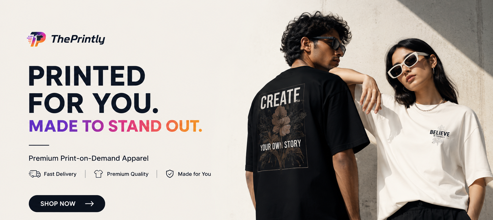 Two people wearing t-shirts with text and graphics, promotional banner for ThePrintly.